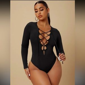 Lace Up Front Plunge Neck Bodysuit